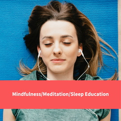 A woman lying down with her eyes closed on a yoga mat with headphones in, text reads "Mindfulness/meditation/sleep education"