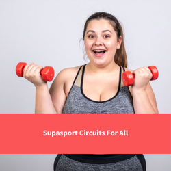 a woman in exercise clothes holding two small weights and smiling at camera, text reads"Supasport Circuits"