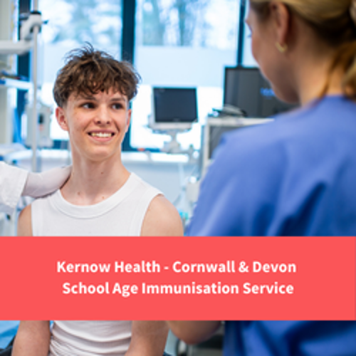 a teenager smiles at a nurse, text reads : Kernow Health - Cornwall & Devon School Age Immunisation Service