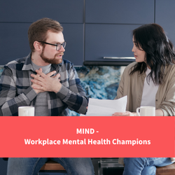 two people having a conversation, one holding their chest, text reads "MIND - Workplace Mental Health Champions"