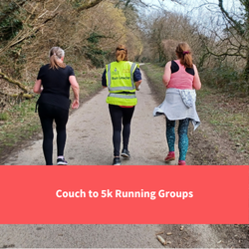 2 women running with a healthy cornwall member of staff with a high vis jacket on,, text reads "couch to 5k running groups"