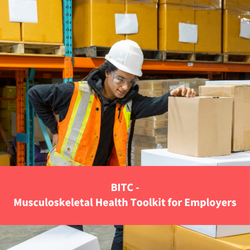 warehopuse worker leaning on boxes and holding lower back in pain, text reads "BITC - musculoskeletal health toolkit for employers"