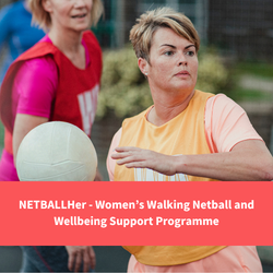 woman playing netball, text reads "NETBALLHer Womens Walking Netball"