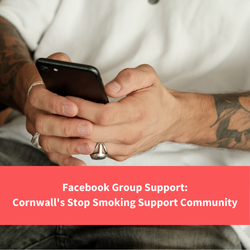 man sat using mobile phone, text reads "facebook group support: conrwalls stop smoking support community"