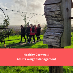 a group of healthy cornwall staff walking through an orchard, text reads "Healthy cornwall - Adults Weight Management"