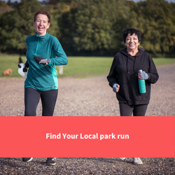 two people running and smiling, text reads "find your local park run"