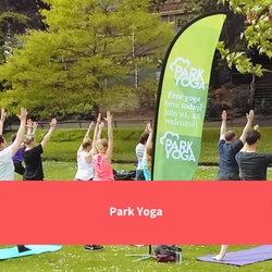 people doing yoga in a park, text reads: park yoga